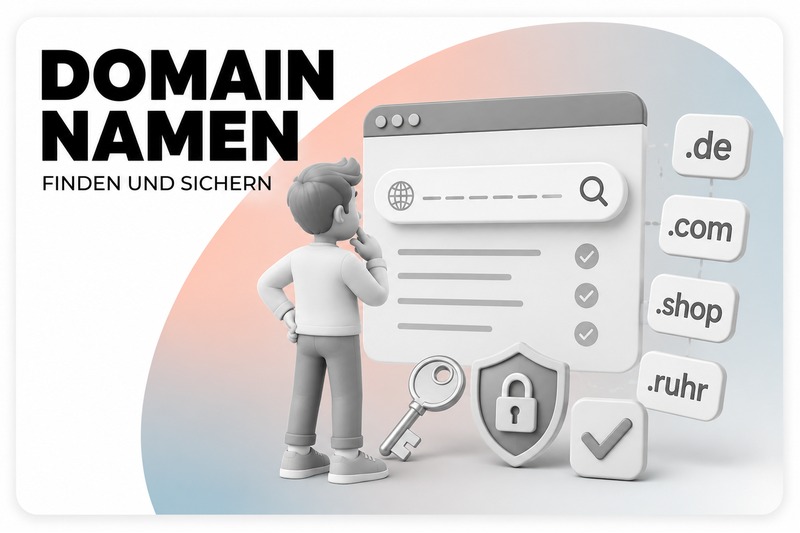 Domainnamen finden und sichern mit Browserfenster und Domain-Endungen