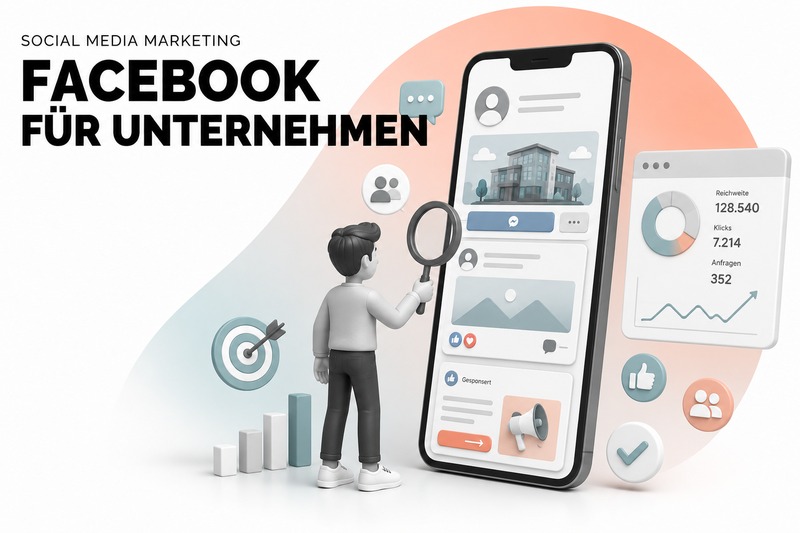 Facebook für Unternehmen mit Smartphone, Social-Media-Unternehmensseite und Marketing-Dashboard