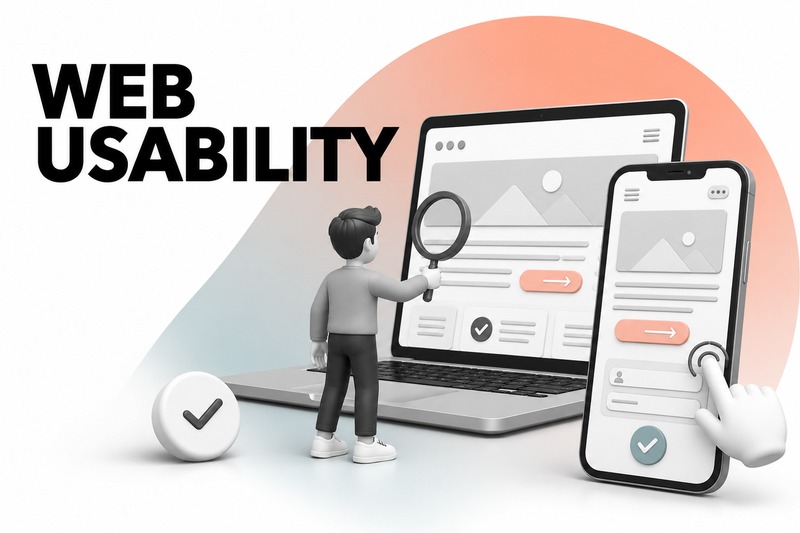 Moderne Web Usability mit Smartphone, Laptop und klarer Website-Struktur